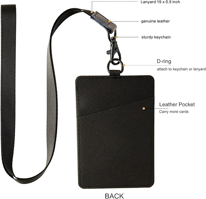 Badge Holders,Leather ID Badge Holder,Vertical Leather ID Badge Card Holder with 1 Clear ID Window and 1 Detachable Neck Lanyard for Offices ID,School ID (Black)