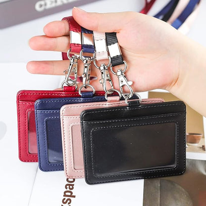 Teskyer Badge Holder with Lanyard, Leather ID Name Badge Card Holder with Lanyard for ID Badges, Horizontal Rose Gold