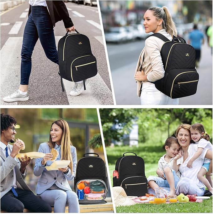 MATEIN Work Backpack with Lunch Compartment, Insulated Quilted Lunch Backpack for Women, Water Resistant Lunchbox Back Pack for Nurse, 15.6 Inch Teacher Work Bag for Office Business Commuting, Black