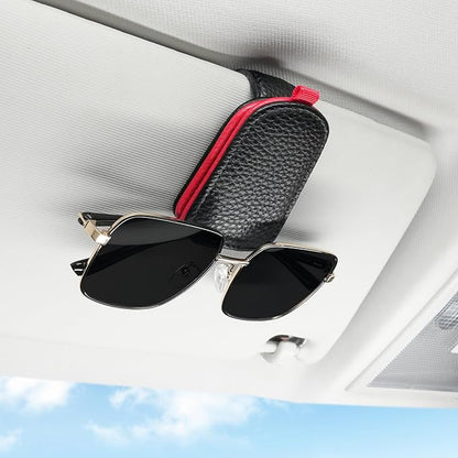 SINGARO Sunglasses Holder for Car, Leather Magnetic Buckle Sun Visor Sunglass Clip, Ticket Card Storage Glasses Clip, Car Interior Accessories for Men and Women（Black-red）