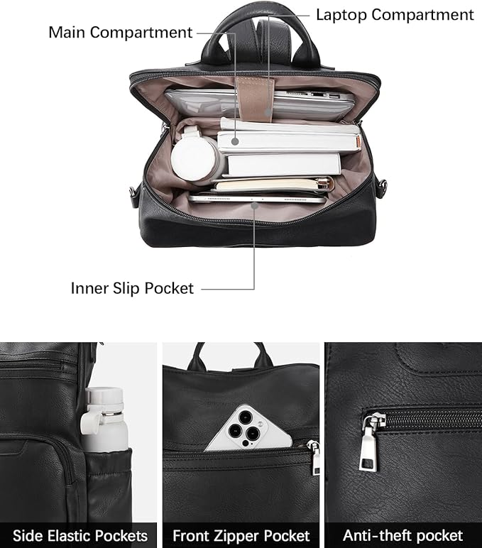BOSTANTEN PU Leather Laptop Backpack for Women Designer Travel Backpack with Laptop Compartment Ladies Computer Shoulder Bags