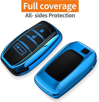 Sindeda for Toyota Key Fob Cover with Metal Keychain & Leather Strap for 2025-2026 Camry 4 Runner 2019-2026 Venza, Land Cruiser,2023-2026 Tacoma Grand Highlander,Corolla,bZ4X,3-Buttons(Blue)