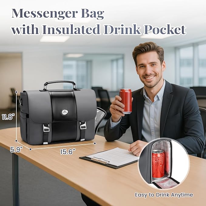 MATEIN Mens Business Briefcase 15.6 Inch, PU Leather Messenger Bags Laptop Computer Bag with USB Charging Port & Cooler, Waterproof Stylish Crossbody Shoulder Satchel for Work Office Commuting