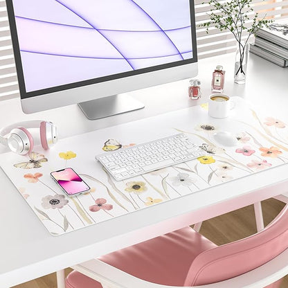 Colorful Star Large Mouse Pad, Watercolor Floral Desk Mat Office Supplies, Waterproof PU Leather Gaming Mousepad for Women Girls, Butterflies Desk Pad Home Office Décor Accessories 31.5" x 15.7"