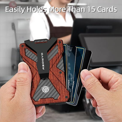 Minimalist Wallet for Men- Slim Aluminum Metal Money Clip Wallet with Clear ID Card Holder, Carbon Fiber Wallet, RFID Blocking,Holds up 15 Cards with Cash Clip,Ultra-Thin Tactical Wallet - Rosewood