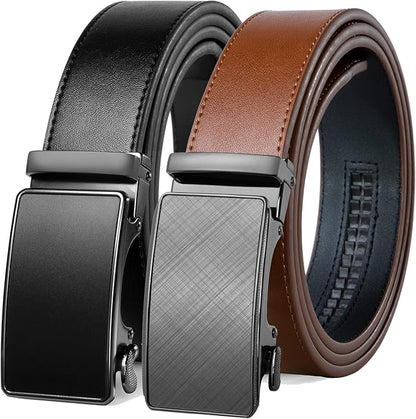 Founders & C Mens Belt 2 Pack,Leather Ratchet Click Belt Dress with Slide Buckle 1 3/8" in Gift Set Box- Size Adjustable