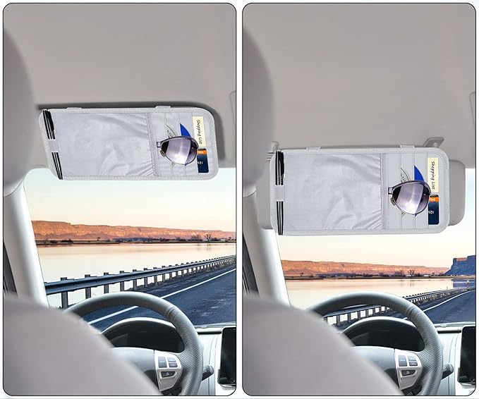 Car Sun Visor Organizer, Auto Storage Pouch with 3 CD Sleeves, Pen Holder, Strap & Pocket for Sunglass, Document, Card - Gray