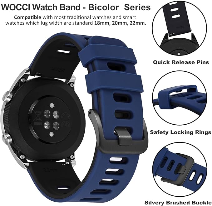 WOCCI 20mm Bicolor Watch Band, Silicone Rubber, Quick Release Replacement Strap for Men and Women, Black Stainless Steel Buckle (Blue-Black)