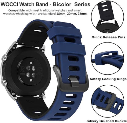 WOCCI 20mm Bicolor Watch Band, Silicone Rubber, Quick Release Replacement Strap for Men and Women, Black Stainless Steel Buckle (Blue-Black)