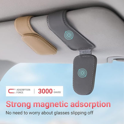 KanSmart Sunglass Holder for Car Visor Sunglasses Clip Magnetic Leather Glasses Eyeglass Holder Auto Interior Accessories Universal for SUV Pickup Truck -Gray