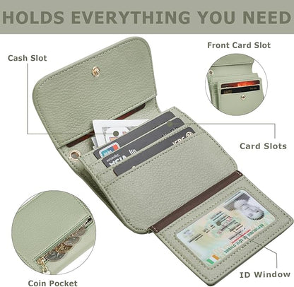 Women Small Wallet RFID Blocking Slim Wallet with Coin Pocket Tri-Fold Credit Card Holder with ID Window and Keychain(Light Green)