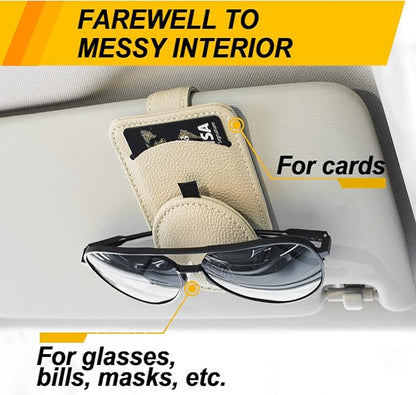 Sunglass Holder for Car Visor, Magnet Adsorbed Sunglasses Holder for Car Accessories Parts, Leather Car Sunglass Holder, Car Visor Sunglasses Clip for Glasses Cards (1PCS, Beige)