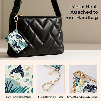 Whale Aesthetic Keychain Coin Purse for Women, Small PU Leather Change Pouch, Zipper Little Tiny Travel Wallet for Girls, Cute Kawaii Zip Pocket Coin Holder with Key Ring