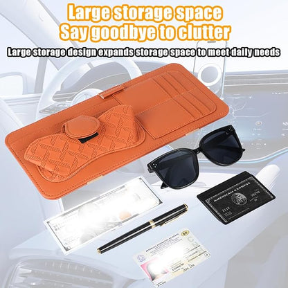 Car Sun Visor Organizer, Leather Multi Pocket Vehicle Visor Storage Pouch for Sunglasses Card License, Multifunctional Auto Interior Organization Accessories, Universal Fit (Brown)