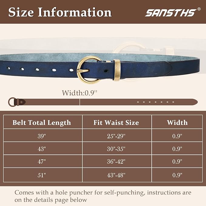 SANSTHS Womens Genuine Leather Belts for Jeans Pants Trendy Vintage Thin Leather Belt Gold Buckle Ladies Skinny Waist Belt