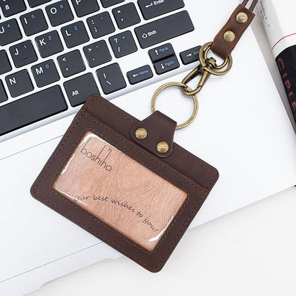 Badge Holder: Boshiho Cowhide Leather ID Badge Card Holder with 19" Neck Lanyard, Horizontal Style (Dark Brown)