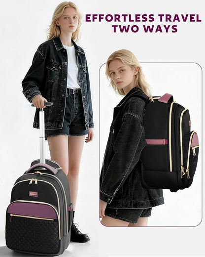 Arcoyard Rolling Backpack for Women, 17 Inch Laptop Backpack With Wheels for Adults, Large Water Resistant Wheeled Carry On Luggage Roller Bag, Flight Approved for Work, Travel, College, Black Purple