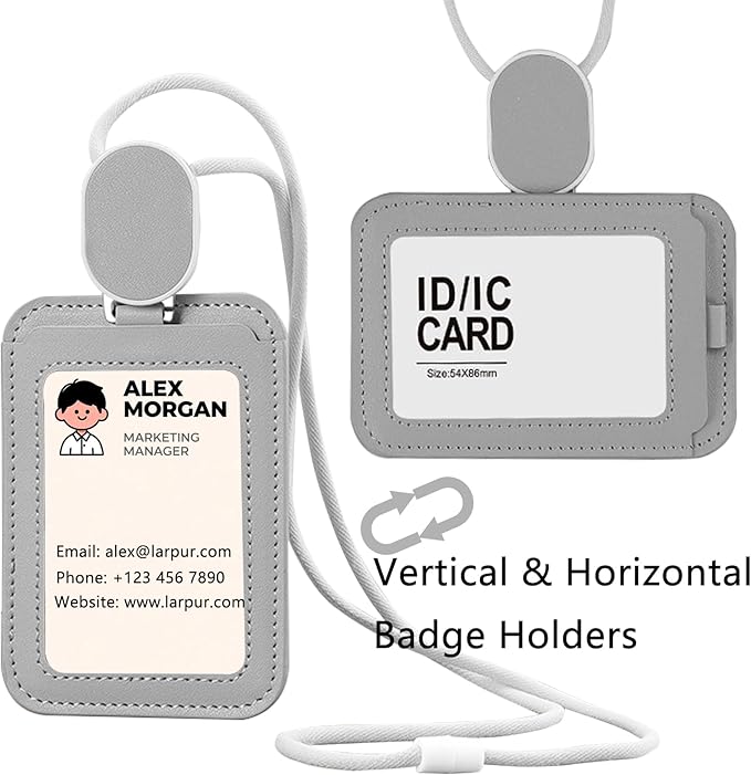 Larpur Retractable Badge Holder, PU Leather Work ID Card Holder Case for School Office, Horizontal/Vertical Key Card Credit Card Holders with Badge Reel Lanyard (Gray)