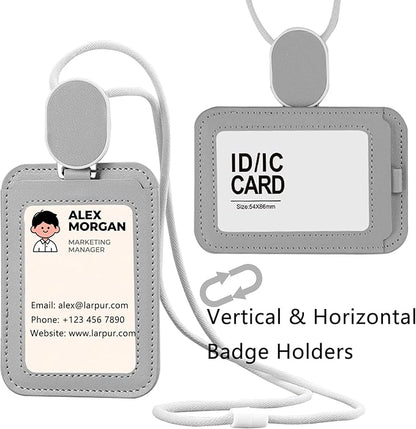Larpur Retractable Badge Holder, PU Leather Work ID Card Holder Case for School Office, Horizontal/Vertical Key Card Credit Card Holders with Badge Reel Lanyard (Gray)