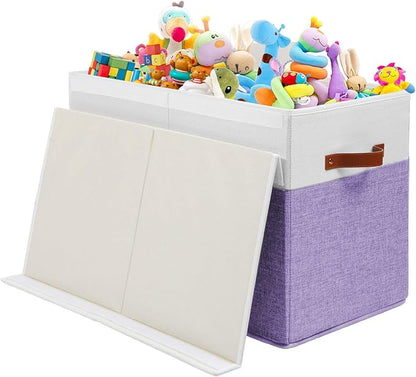Large Toy Box with Lid, Sturdy Toy Storage Chest Bin Boxes Organizer Basket with Dividers for Toddlers, Kids, Boys, Girls, Nursery, Living Room, Bedroom, Playroom 25"x13" x16" (Purple and White)