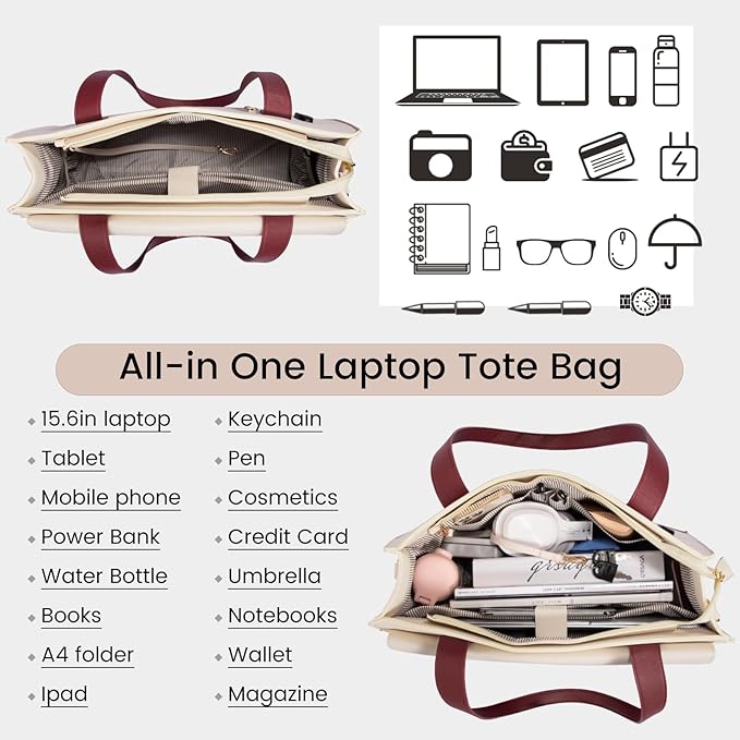 LOVEVOOK Laptop Tote - 15.6 Inch Professional Leather Computer Briefcase - Waterproof Shoulder Bag - Large Capacity Business Teacher Office Bag - Crossbody Purse