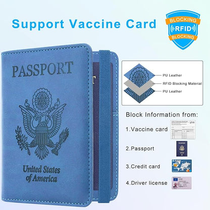 ACdream Passport and Vaccine Card Holder Combo, Cover Case with CDC Vaccination Card Slot, Leather Travel Documents Organizer Protector, with RFID Blocking, for Women and Men, C - Light Blue,