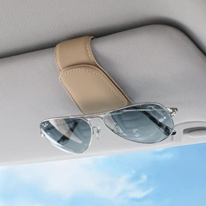 KanSmart Sunglass Holder for Car Visor Sunglasses Clip Magnetic Leather Glasses Eyeglass Holder Interior Car Accessories for Woman Man - 2 Packs Beige