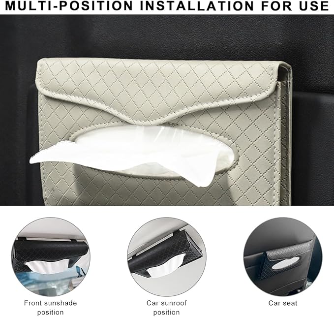 Car Tissue Holder, PU Leather Sun Visor Hanging Paper Napkin Dispenser with Tissue Refill, Backseat Mask Towel Case Visor Organizer with Magnetic Closure, Car Accessories (Beige)