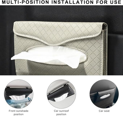 Car Tissue Holder, PU Leather Sun Visor Hanging Paper Napkin Dispenser with Tissue Refill, Backseat Mask Towel Case Visor Organizer with Magnetic Closure, Car Accessories (Beige)