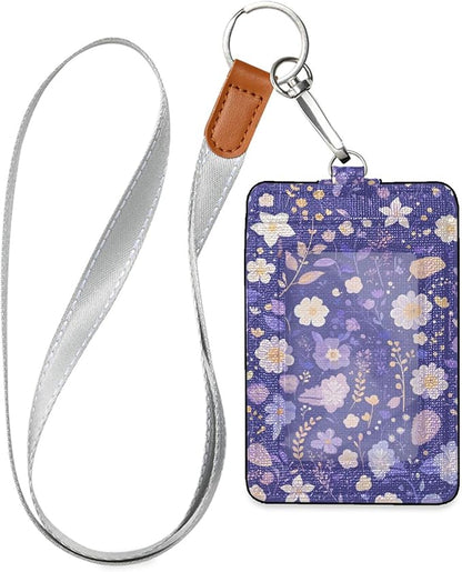 Badge Holder, Flowers Purple PU Leather School College Business ID Badge Card Holder Wallet Case with 1 Clear Window, 2 Credit Card Slots and Detachable Neck Lanyard - Vertical