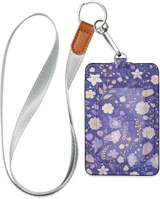 Badge Holder, Flowers Purple PU Leather School College Business ID Badge Card Holder Wallet Case with 1 Clear Window, 2 Credit Card Slots and Detachable Neck Lanyard - Vertical
