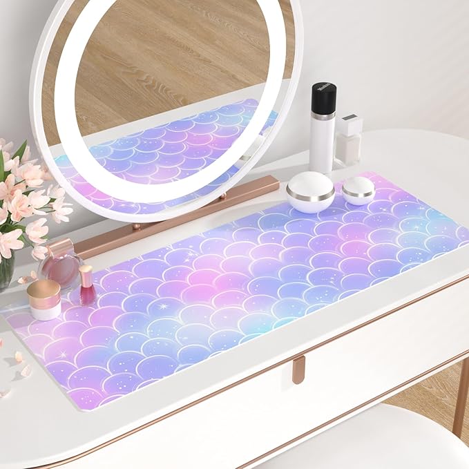 QiyI Multifunctional Office Desk Pad, Water-Resistant PU Leather Mouse Pad, Home Décor Large Desk Organizer Mat, Non Slip Base Writing Pads for Home & Office 31.5" x 11.8" - Mermaid Scales