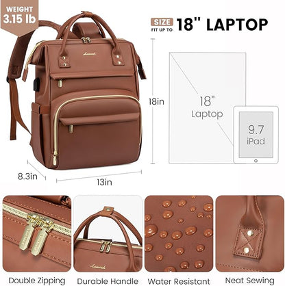 LOVEVOOK Leather Laptop Backpack for Women 18 inch,Travel Backpack Purse Nurse Teacher Backpack Computer Laptop Bag,Professional College Business Work Bags Carry On Backpack with USB Port,Brown