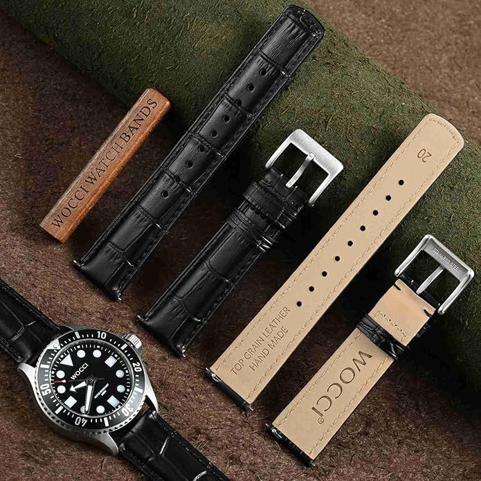 WOCCI Watch Bands, Top Grain Leather, Embossed Alligator Grain, Quick Release, Band Width 18mm 20mm 22mm