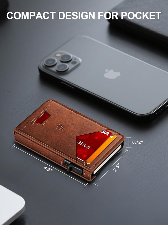 Wallet for Men, Slim Minimalist Wallet with Money Clip＆ID Window, RFID Blocking Pop-Up Credit Card Holder, Smart Auminum Mens Wallet Holds 9-13 Cards (Gift Box) (Red Brown)