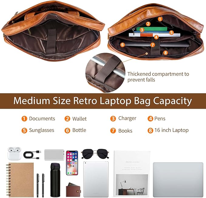 Faux Leather Messenger Bag for Men 15.6 Inch: Laptop Bag Briefcase Computer Handbags Shoulder Crossbody Bag with Padded Laptop Sleeve for Work College Travel, PU Brown