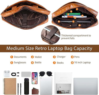 Faux Leather Messenger Bag for Men 15.6 Inch: Laptop Bag Briefcase Computer Handbags Shoulder Crossbody Bag with Padded Laptop Sleeve for Work College Travel, PU Brown