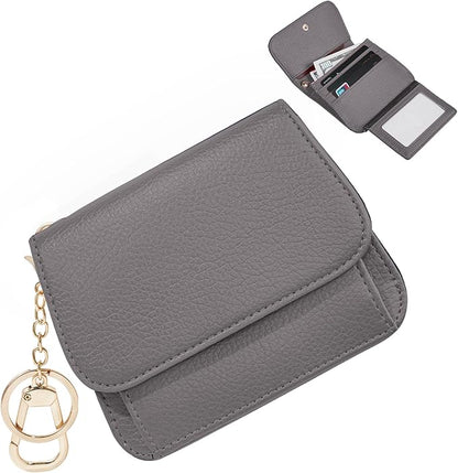 Women Small Wallet RFID Blocking Slim Wallet with Coin Pocket Tri-Fold Credit Card Holder with ID Window and Keychain (Grey)