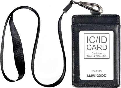 Leather Badge Holder with Adjustable Lanyards,Swivel Metal Clasp for Offices, Staff, Students, Employees(Black)
