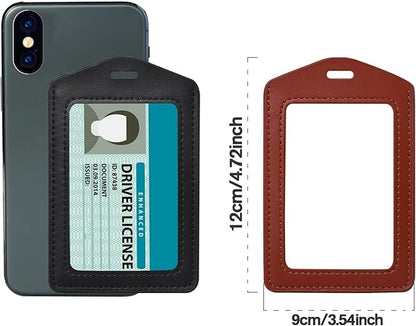 2 Pack Genuine Leather ID Badge Holders, Vertical ID Card Holders with Dual-Side Clear Window, Waterproof Name Badge Holde Suit for Office, Staff, Students, Employees