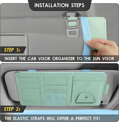 Car Sun Visor Organizer, Leather Pocket Organizer Sunglass Holder for Car Interior Accessories with Multi-Pocket Net Zipper