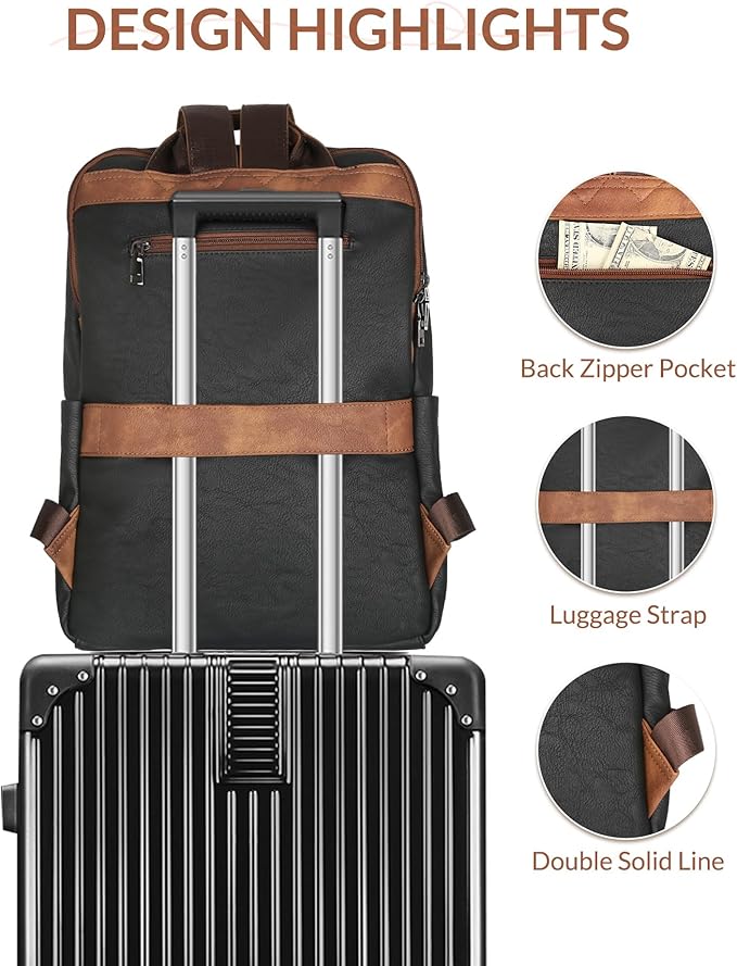SYTRAH Leather Backpack for Women, Vintage 15.6 inch Laptop Backpack Purse for Women, College Casual Backpacks Ladies Computer Bags for Travel Business Work Black Brown