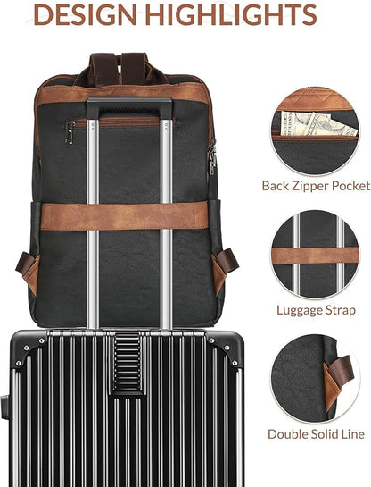 SYTRAH Leather Backpack for Women, Vintage 15.6 inch Laptop Backpack Purse for Women, College Casual Backpacks Ladies Computer Bags for Travel Business Work Black Brown