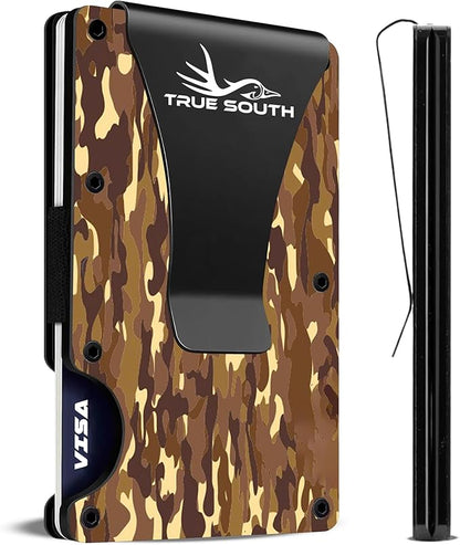RFID Blocking Slim Metal Wallet with Money Clip | Minimalist Alumium Card Holder - Camouflage Front Pocket EDC Wallet for Men, Gift for Him (Camo, Woodland Brown Camo)