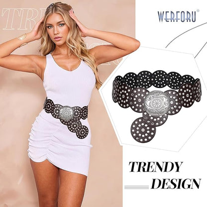 WERFORU Women Vintage Leather Belt Western Disc Waist Belts Ladies Western Belt Boho Belt for Dress Jean-