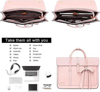 MOSISO Laptop Bag for Women, 13-14 inch PU Leather Laptop Shoulder Bags Convertible Backpack, 13.3 inch Messenger Bags Casual Handbag Work Briefcase Travel Computer Bag with Bowknot, Pink