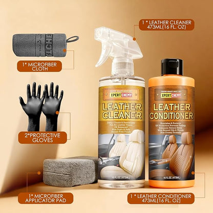 XPERTCHEMY Leather Cleaner and Conditioner Kit, Leather Care for Car Seats, Furniture, Couches, Boots, Bags & More, Safe for Any Color, 2 x 16oz