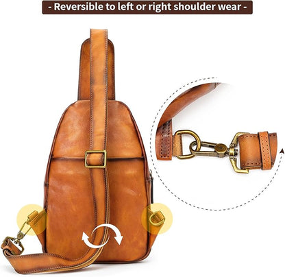 NIUCUNZH Genuine Leather Sling Bag Front Metal-Latch Crossbody Bags Handmade Vintage Chest Shoulder Backpack for Women Men
