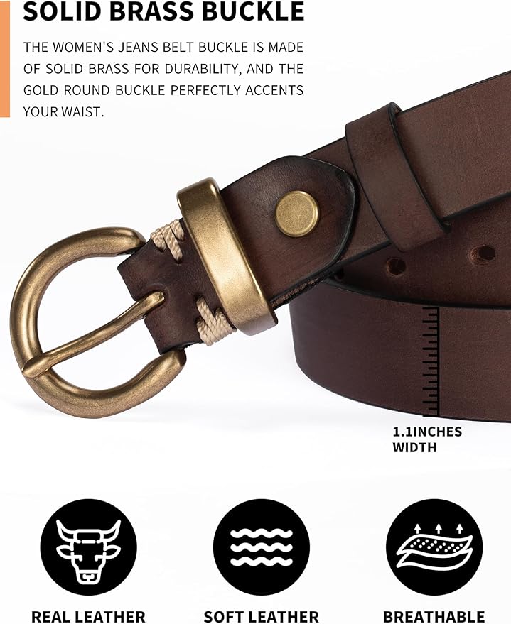 Womens Belts for Jeans Genuine Leather Belt Vintage Solid Brass Circle buckle Gift Box Packaging