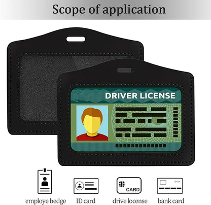 2 Pcs Genuine Leather ID Badge Holder Horizontal Single-Side Clear Card Holder Waterproof Name Badge Holder for Office, Staff, Students, Employees (Black&Black)